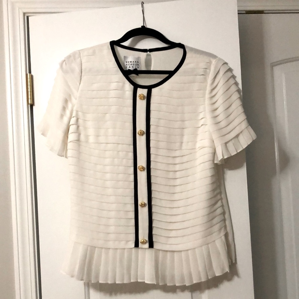 Edward Achour Paris White Pleated Blouse Top